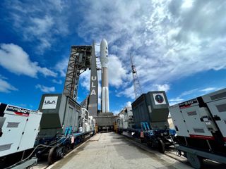 The United Launch Atlas V rocket that will launch the USSF-12 mission for the U.S. Space Force rolled out to the pad on June 29, 2022.