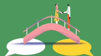 Illustration of two people on a footbridge negotiating and shaking hands