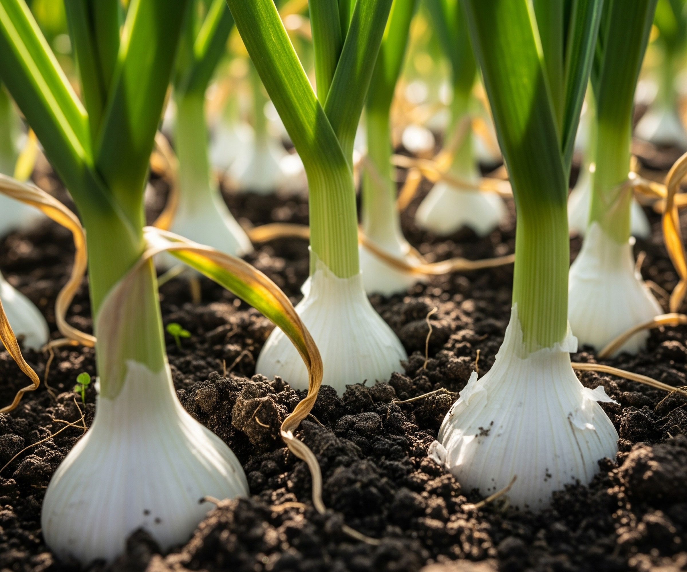 ripening garlic bulbs poking out of ground