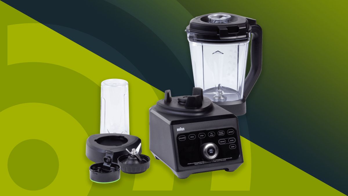 Braun TriForce blender and accessories on green background