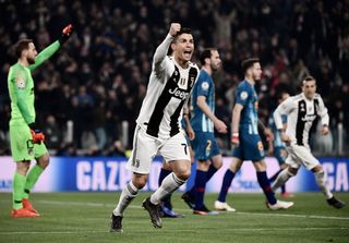 Cristiano Ronaldo celebrates his second goal for Juventus against Atletico Madrid in the Champions League in March 2019.