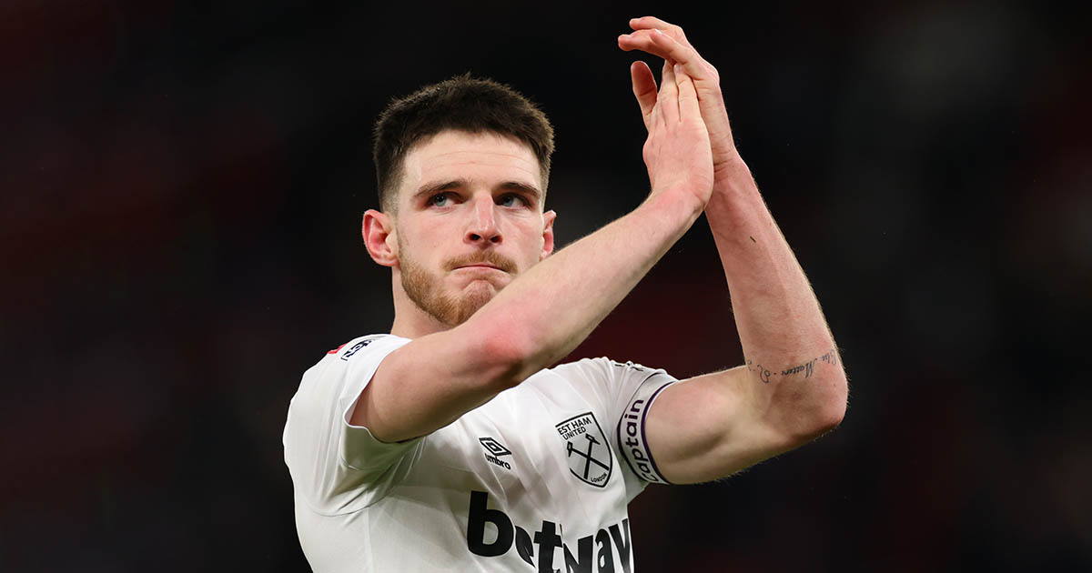 Declan Rice of West Ham looks dejected during the Emirates FA Cup Fifth Round match between Manchester United and West Ham United at Old Trafford on March 1, 2023 in Manchester, England.