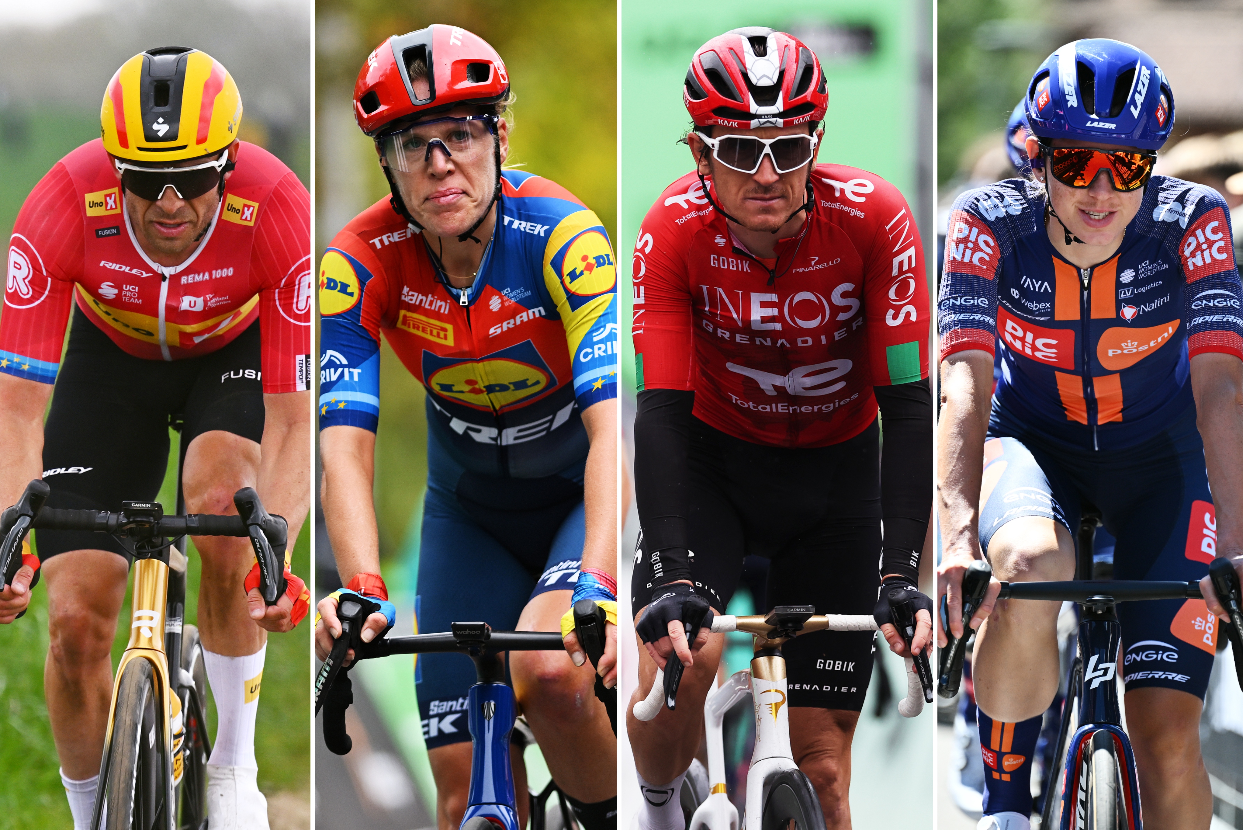 A collage of Alexander Kristoff, Ellen van Dijk, Geraint Thomas and Marta Cavalli