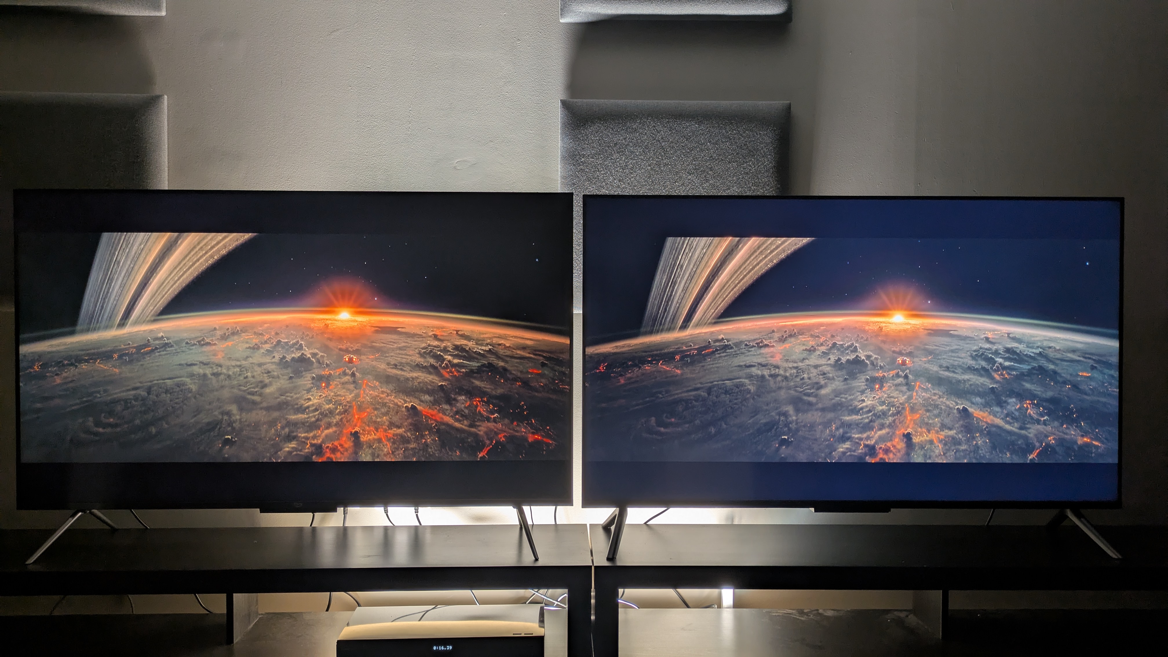 Amazon Ember QLED (left) and Amazon Ember 4-series (right) showing a planet on a horizon from Alien: Romulus. The 4-series shows signs of backlight bleed/clouding but contrast is decent on both TVs