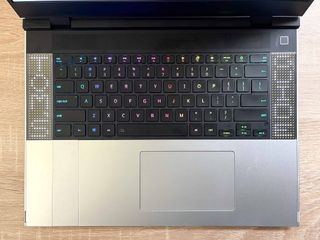 Framework Laptop 16 review unit on desk, close up on keyboard