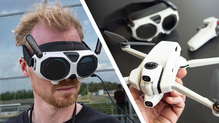 TechRadar's Tim Coleman wearing the Antigravity A1 drone's headset, and holding the drone