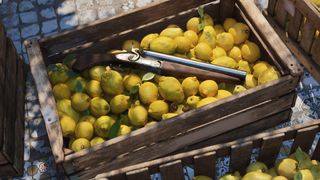 Mafia: The Old Country screenshot showing a sawn-off-shotgun concealed in a crate of lemons