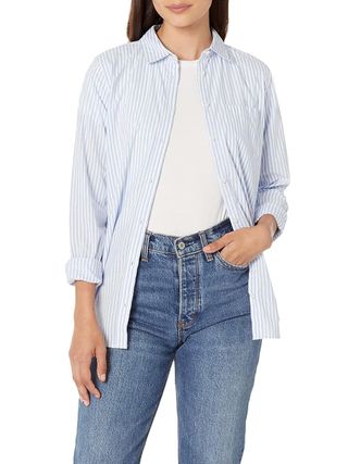 Amazon Essentials Women's Classic-Fit Long-Sleeve Button-Down Poplin Shirt, French Blue White Stripe, X-Small