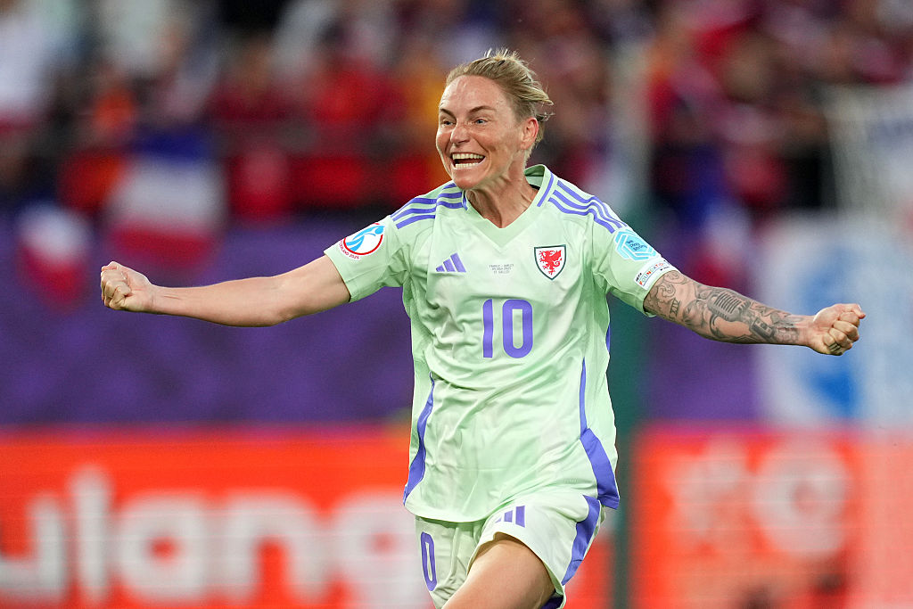 Jess Fishlock of Wales celebrates scoring her team&#039;s first goal after the VAR reviewed the on-field decision to disallow the goal before overturning and awarding the goal during the UEFA Womens EURO 2025 Group D match between France and Wales at Arena St. Gallen on July 09, 2025 in St Gallen, Switzerland.