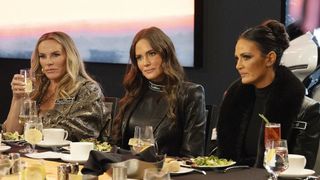 Heather Gay, Meredith Marks and Lisa Barlow at a table in The Real Housewives of Salt Lake City season 5