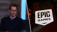 Nick Penwarden on the left of a split image, on the right is the Epic Games logo.
