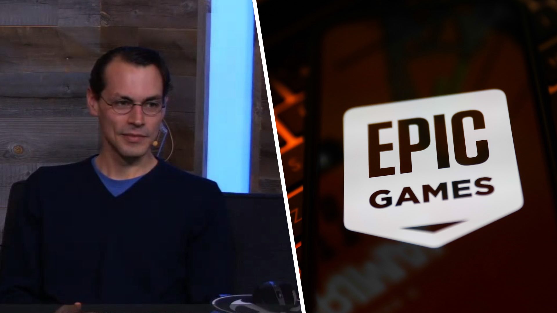 Nick Penwarden on the left of a split image, on the right is the Epic Games logo.