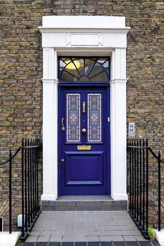 Blue front door with Purlfrost Franklin Victoria stained glass window film