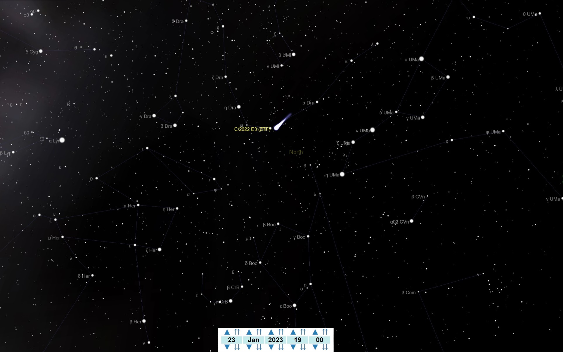 An illustration of the night sky on January 23rd showing the position of Comet C/2022 E3 (ZTF) near the constellation Draco.