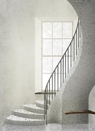 Room with spiral stairway design
