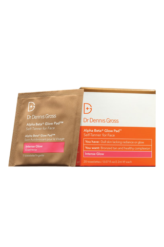 A pack of Dr. Dennis Gross AlphaBeta Glow Pads set against a white background.