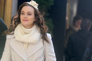 Actress Leighton Meester is seen on the set of the TV show 'Gossip Girl' on location on the upper east side of Manhattan. on October 28, 2011 in New York City