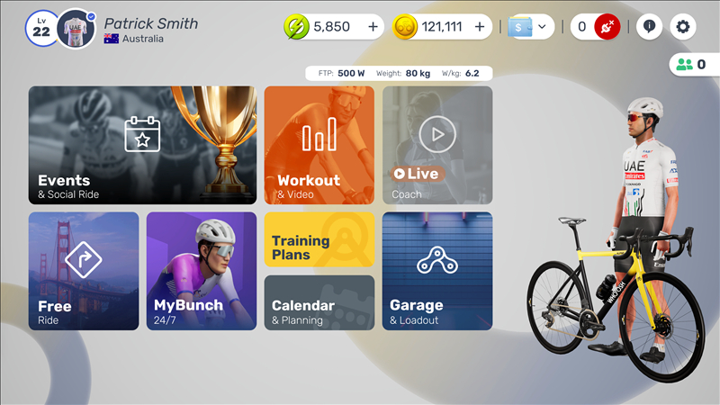 A screenshot of the MyWhoosh app dashboard
