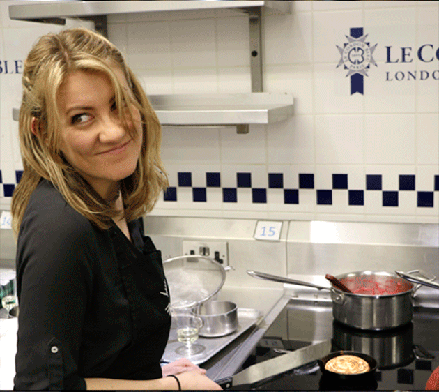 Decanter&rsquo;s Annabelle Sing at the Cordon Bleu Cookery School putting the finishing touches to the Rhubarb and apple compot and pancakes