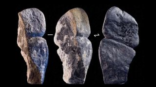 Three different views of the ancient phallic art carved out of graphite.