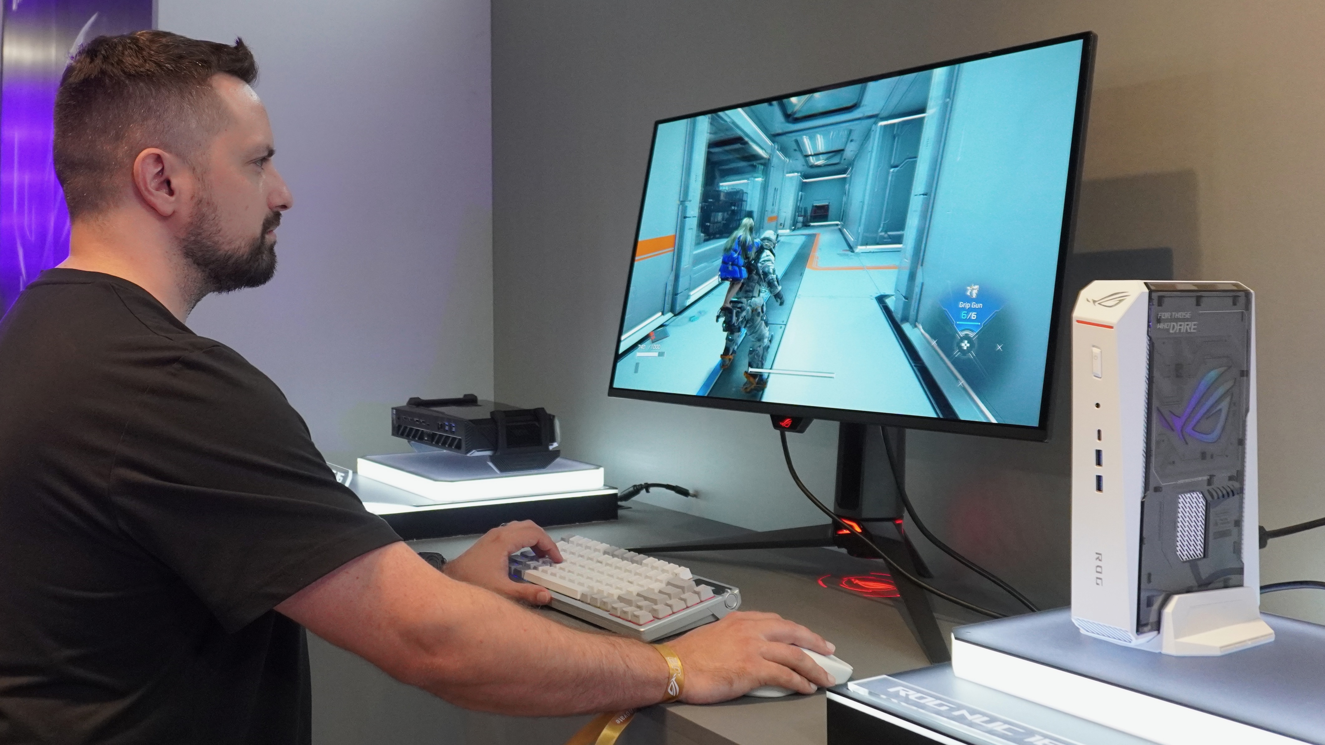 A person playing Pragmata on the Asus ROG NUC 16 mini gaming PC