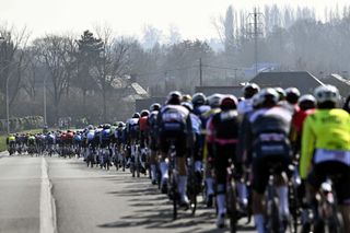 Cyclists in action during the Kuurne-Brussels-Kuurne one day cycling race, 196,9 Km from Kuurne to Kuurne via Brussels, in Kortrijk on March 2, 2025. (Photo by DIRK WAEM / Belga / AFP) / Belgium OUT