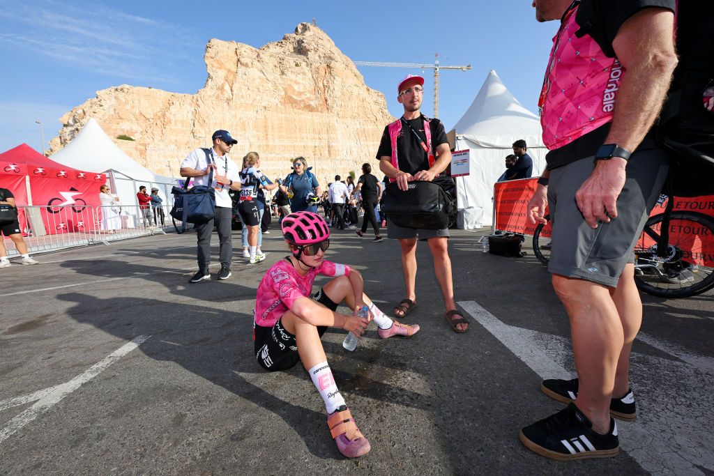 JEBEL HAFEET UNITED ARAB EMIRATES FEBRUARY 08 Alexandra Volstad of Norway and Team EF EducationOatly reacts after the 3rd UAE Tour Women Stage 3 a 152km stage from Al Ain Qasr Al Muwaiji to Jebel Hafeet 1031m UCIWWT on February 08 2025 in Jebel Hafeet United Arab Emirates Photo by Tim de WaeleGetty Images