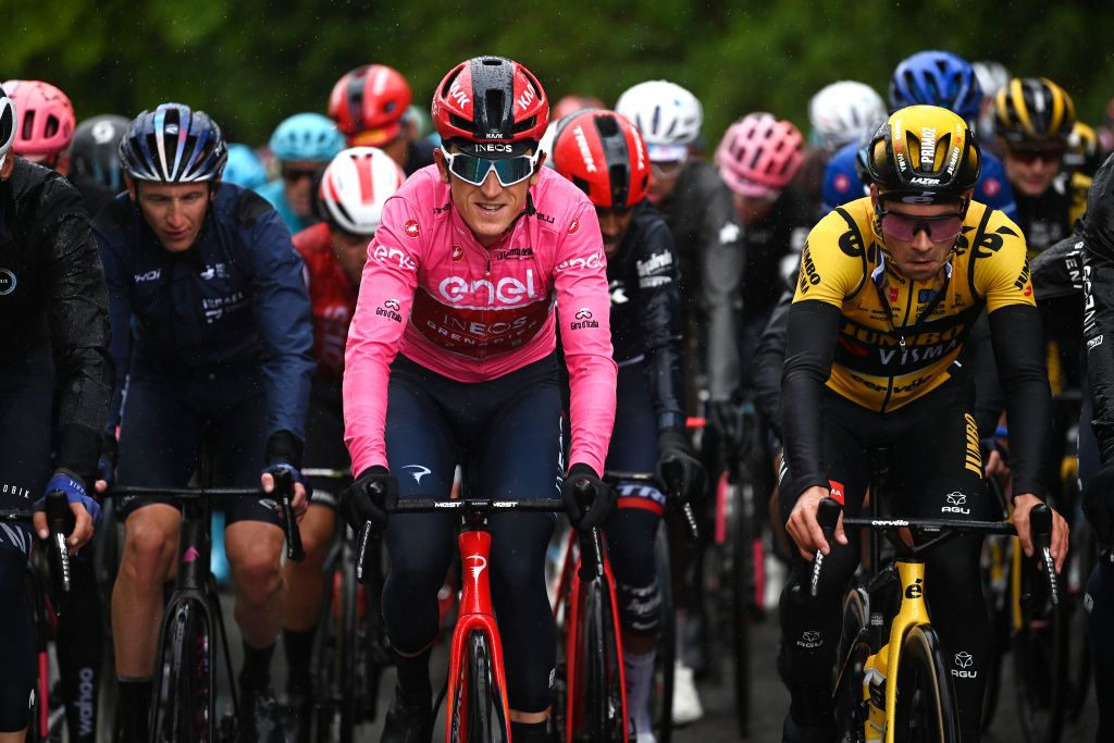 VIAREGGIO ITALY MAY 16 LR Geraint Thomas of The United Kingdom and Team INEOS Grenadiers Pink Leader Jersey and Primo Rogli of Slovenia and Team JumboVisma competes during the 106th Giro dItalia 2023 Stage 10 a 196km stage from Scandiano to Viareggio UCIWT on May 16 2023 in Viareggio Italy Photo by Tim de WaeleGetty Images