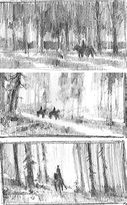 Concept art advice; pencil sketches of people on horses