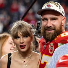 Taylor Swift and Travis Kelce on the field after the 2024 Super Bowl