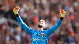 Manchester United goalkeeper David De Gea celebrates one of the side's goals in their 2-0 win over Wolves in the Premier League in May 2023.