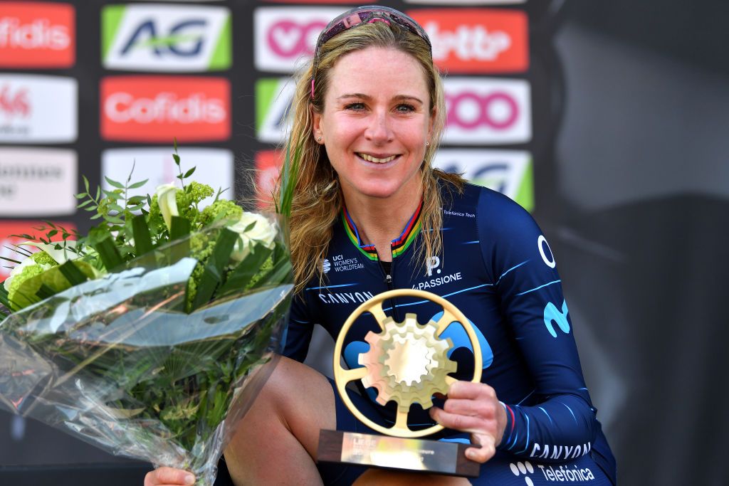  Annemiek Van Vleuten of Netherlands and Movistar Team Women celebrates at podium as race winner during the 6th Liege Bastogne Liege 2022 Femmes 