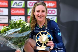  Annemiek Van Vleuten of Netherlands and Movistar Team Women celebrates at podium as race winner during the 6th Liege Bastogne Liege 2022 Femmes 