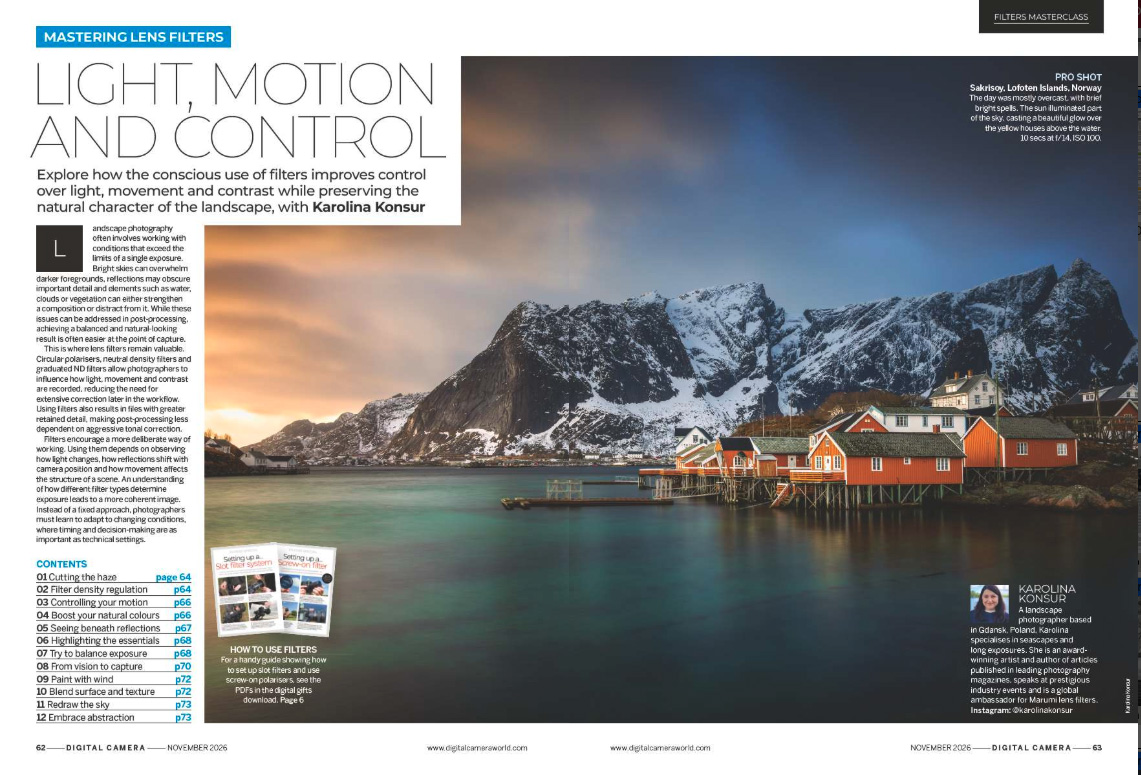 Image showing the first two pages of the feature of issue 313 (November 2026) of Digital Camera magazine &amp;ndash; how to use filters in landscape photography
