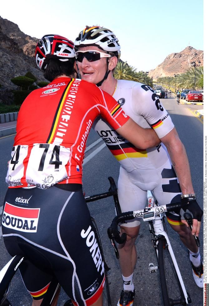 Stage 3 winner Andre Greipel celebrates with Lotto Belisol teammate Tony Gallopin
