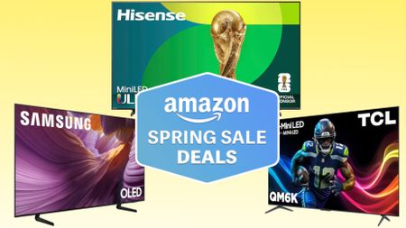 The Hisense U65QF, Samsung S85F and TCL QM6K against a yellow background with a superimposed, blue-colored badge in the middle of the image that reads: "Amazon Spring Sale Deals"