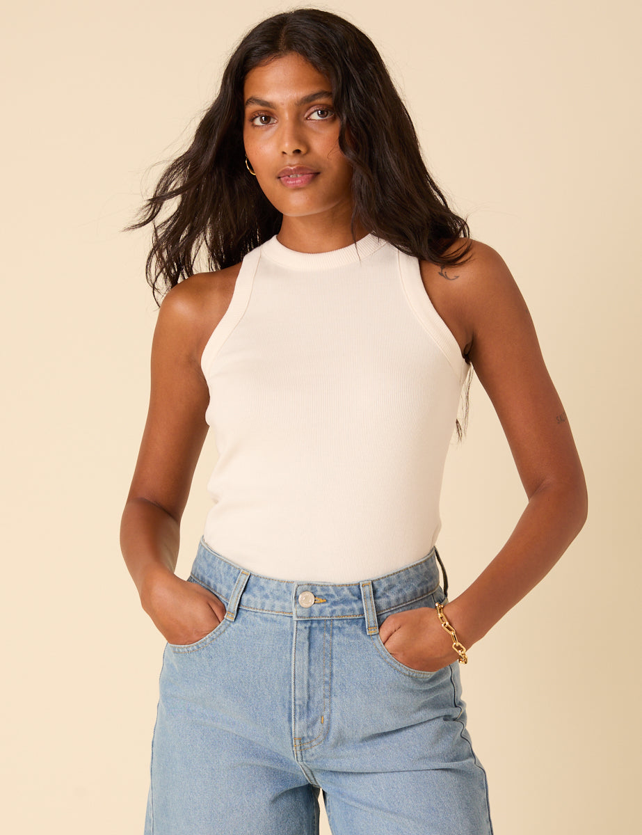White Ribbed Racer Vest