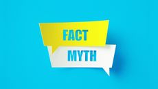 Fact and myth cut out of yellow and white speech bubbles on blue background. 