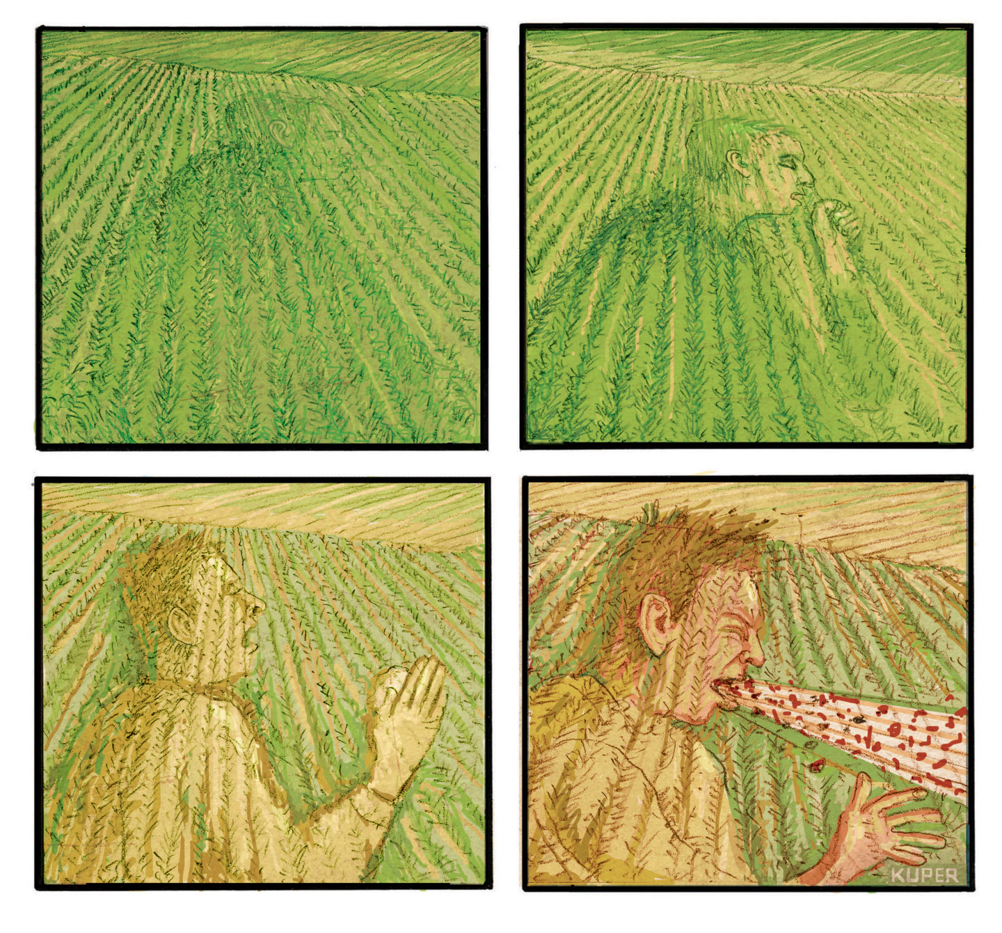 This four-panel cartoon, reminiscent of Vincent van Gogh's style, depicts a progression of a figure lying in a field of tall green grass. In the first panel, the figure is mostly obscured by the grass. In the second, the figure's head and shoulders emerge, with hands clasped. The third panel shows the figure more fully revealed, with one hand raised. In the final panel, the figure is shown coughing or vomiting a stream of toxic chemicals.