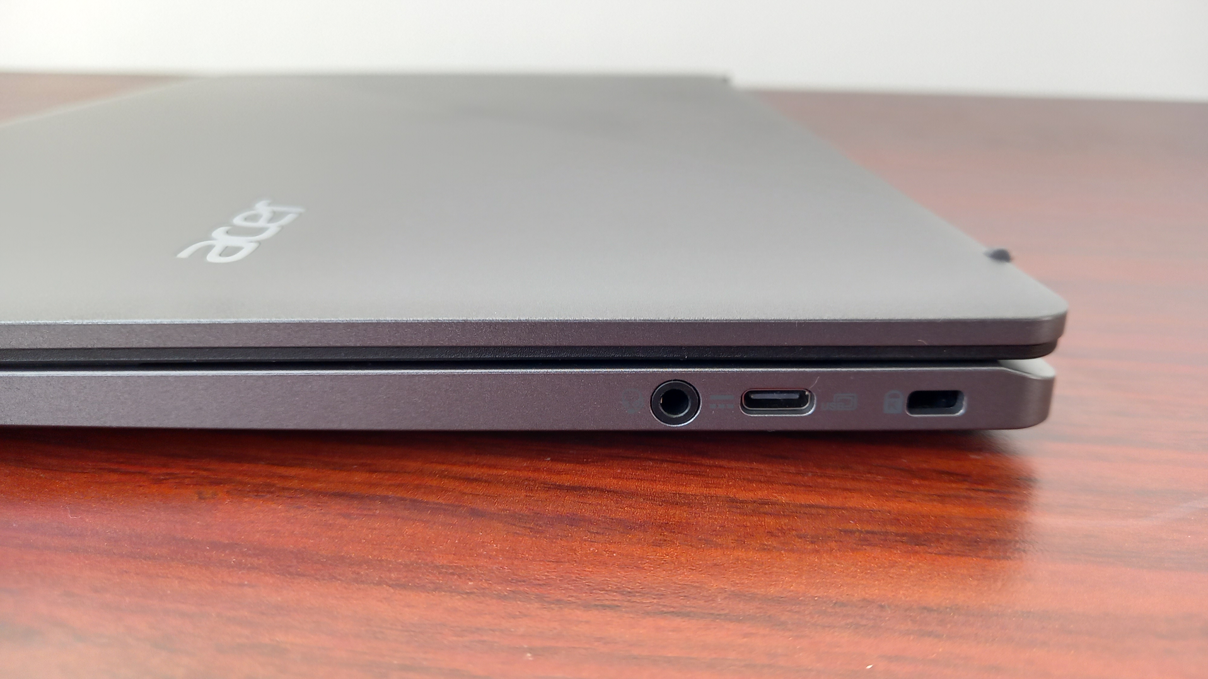 Closeup of the ports on the left side of an Acer Chromebook Plus 515