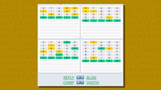 Quordle daily sequence answers for game 574 on a yellow background