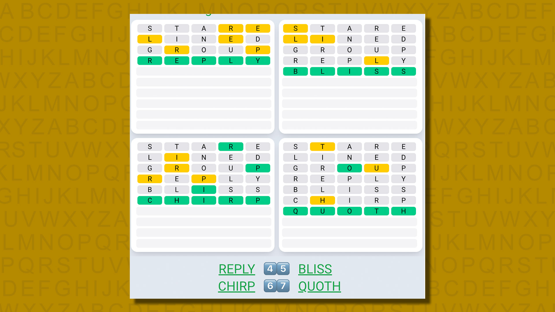 Quordle ежедневные последовательности ответов для игры 574 на желтом фоне