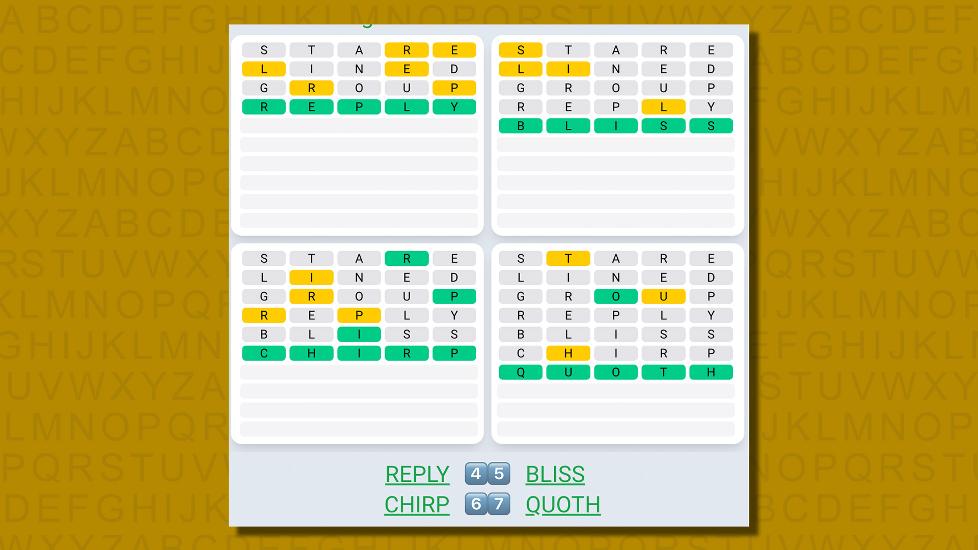 Quordle daily sequence answers for game 574 on a yellow background