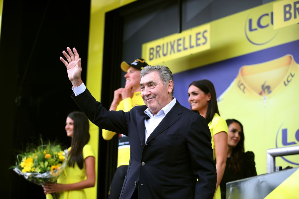 Eddy Merckx waves to fans following stage 1 of the 2019 Tour de France in Brussels, Belgium