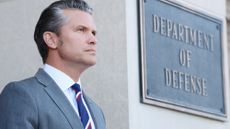 profile photograph of Pete Hegseth next to a sign for the Department of Defense