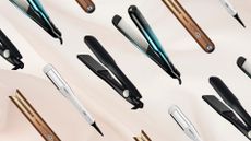 Collage of 4 of the best straighteners for thick hair featured in this guide from ghd, Dyson, Revamp and L'Oreal Professionnel, diagonally repeated against a pink fabric effect background