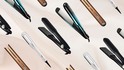 Collage of 4 of the best straighteners for thick hair featured in this guide from ghd, Dyson, Revamp and L'Oreal Professionnel, diagonally repeated against a pink fabric effect background