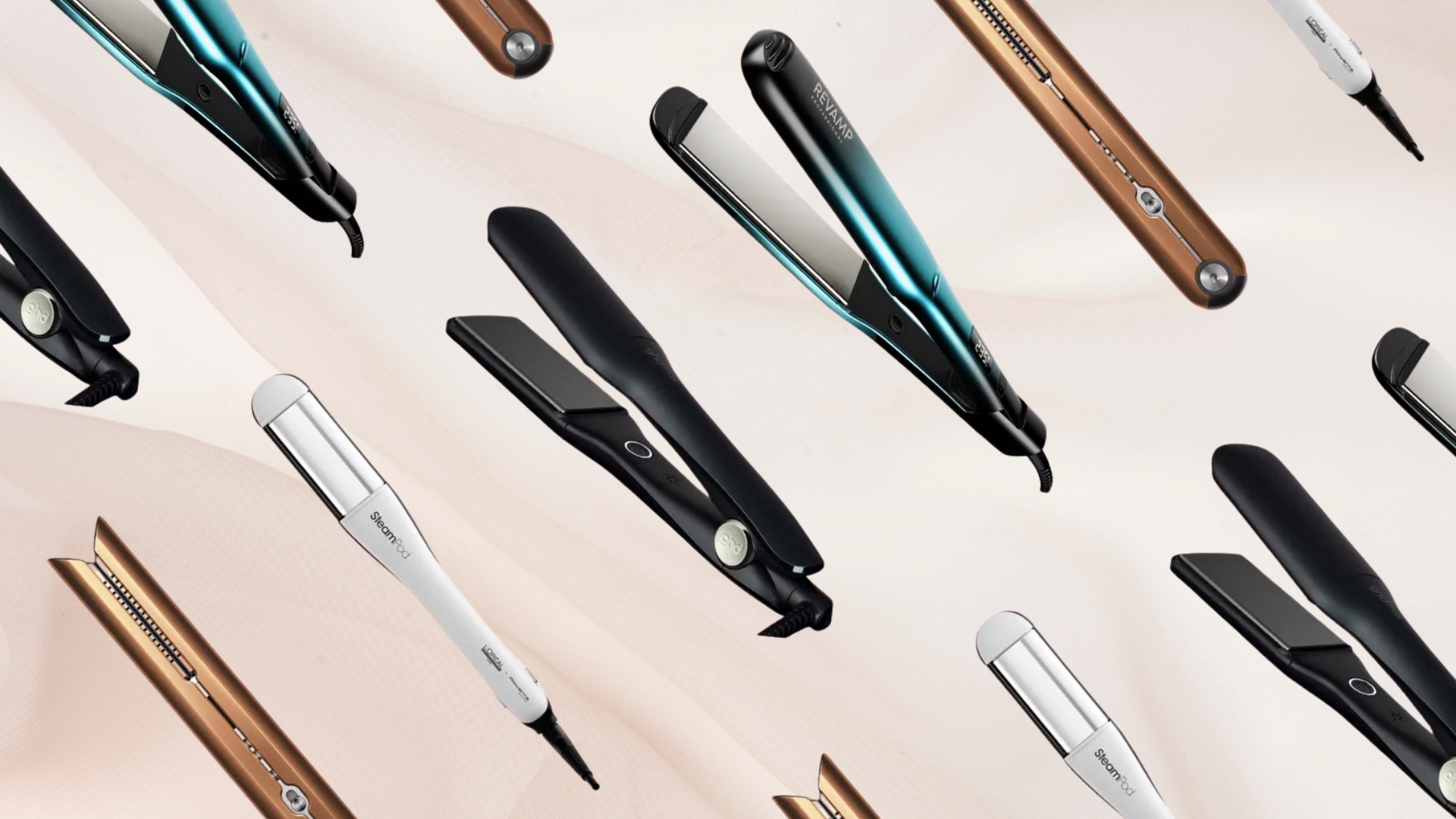 Collage of 4 of the best straighteners for thick hair featured in this guide from ghd, Dyson, Revamp and L'Oreal Professionnel, diagonally repeated against a pink fabric effect background