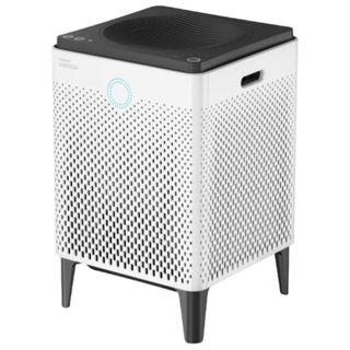 A white and black air purifier with legs