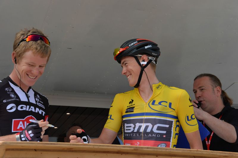 Lawson Craddock shares a laugh with race leader Rohan Dennis (BMC)